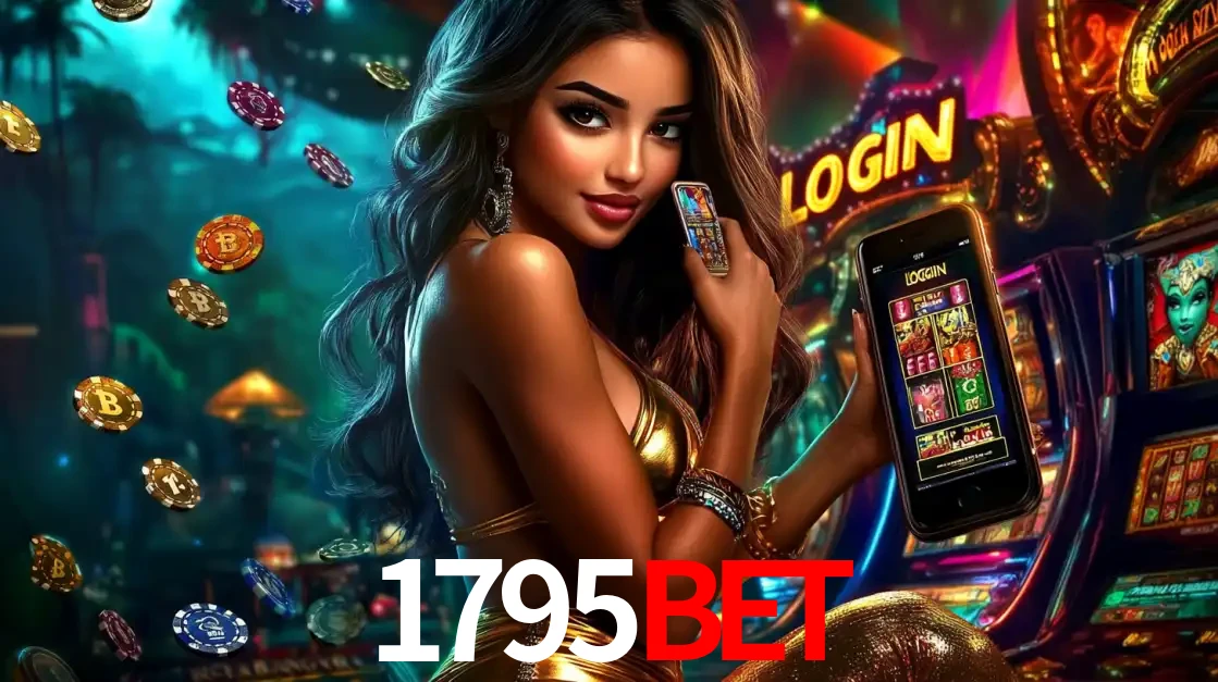 Mulher em um cenário de cassino temático de aventura, mostrando o app de caça-níqueis da 1795bet no celular. Fichas de apostas flutuam ao redor.