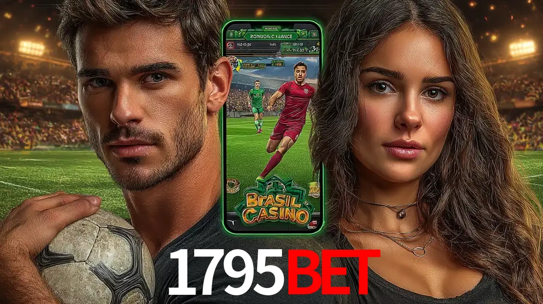 Homem segurando uma bola de futebol e uma mulher ao lado de um smartphone exibindo o jogo de apostas esportivas da 1795bet. Faça seu palpite no cassino online.